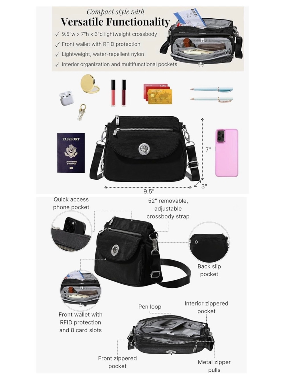Baggallini Black Calais Crossbody Shoulder Bag - Picture 5 of 14
